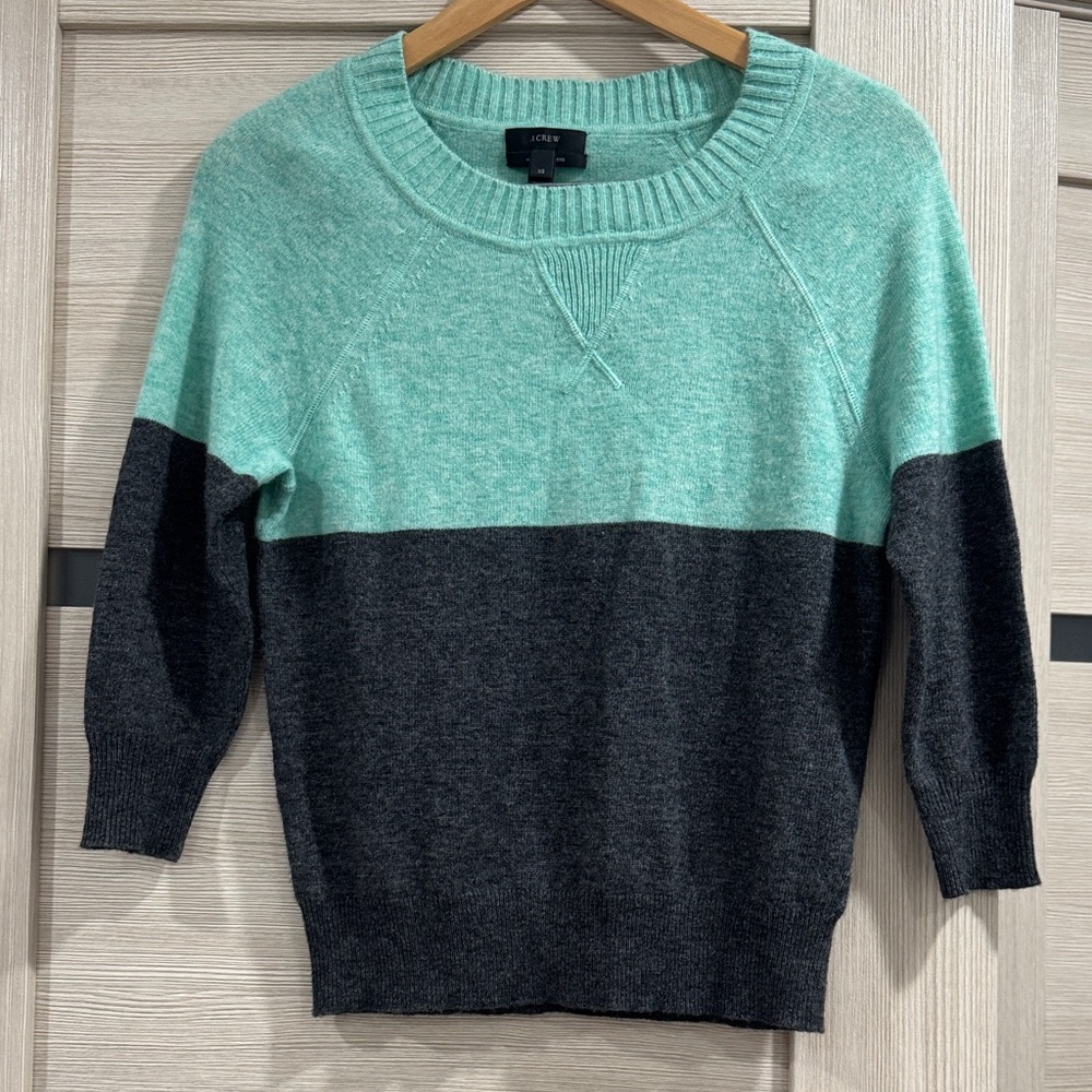 J. Crew Mint and gray  Colorblock Crewneck Sweater wool/ cashmere blend